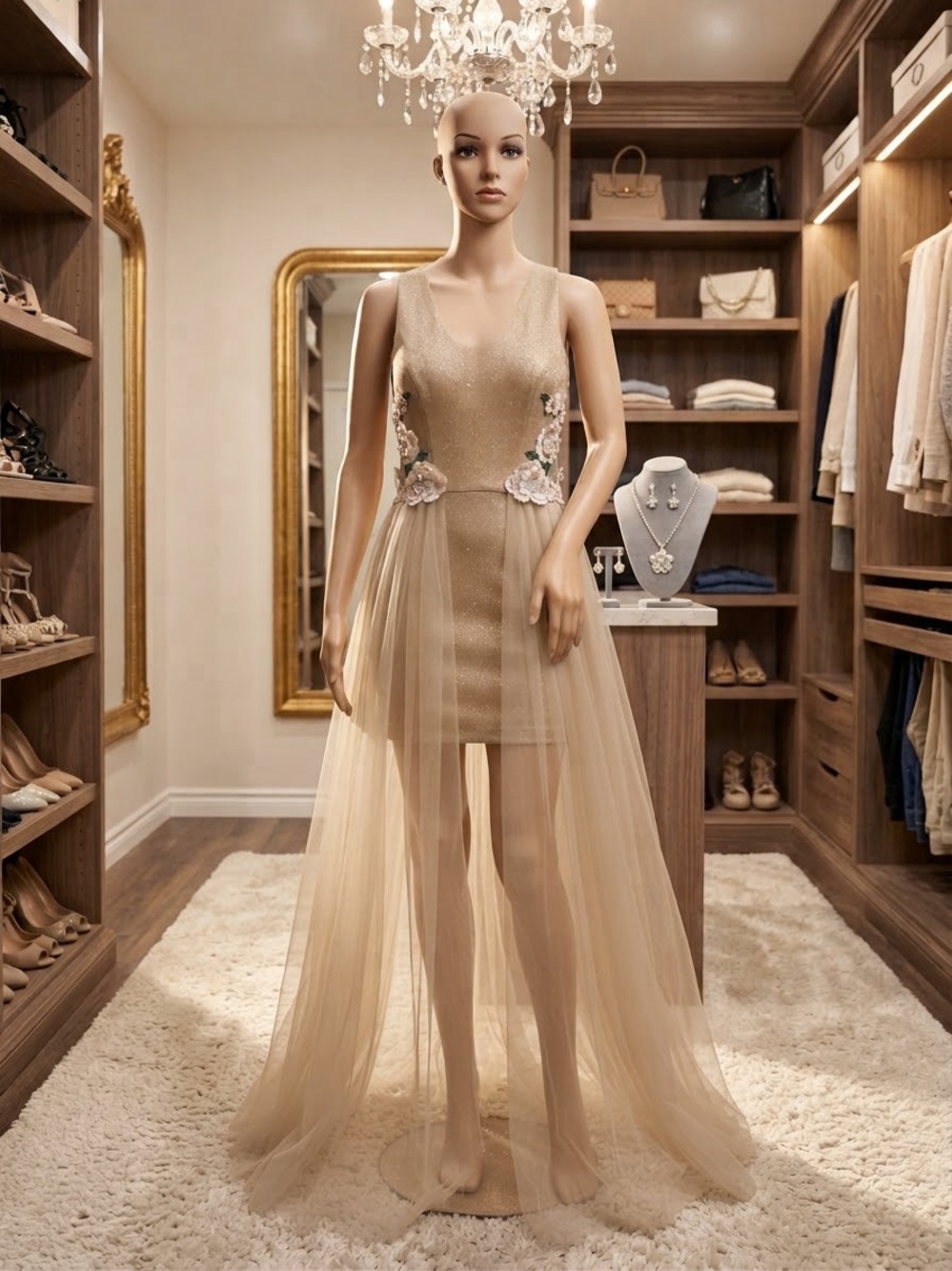 Sleeveless High-Low Tulle Overlay Dress in Champagne